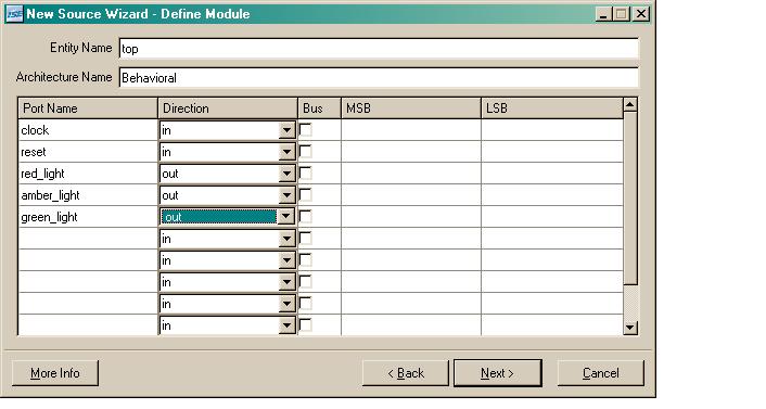From the Project menu, select New Source and create a VHDL module called top. Figure 4-30: New Source Window Showing VHDL Module 3.