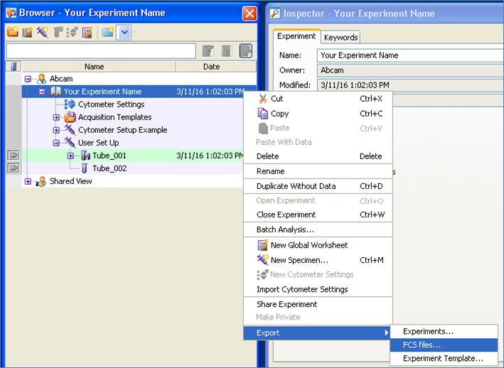 Export both the Cytometer Setup Example (embedded file) and the User Set Up sample data (your new optimization