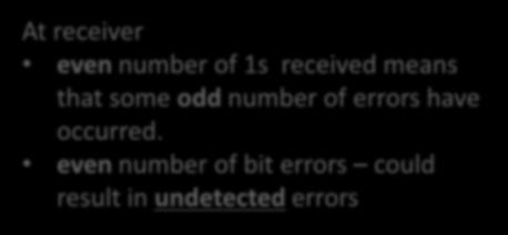 even number of bit errors could result in undetected errors odd parity: number of 1s in the d+1 bits is odd At