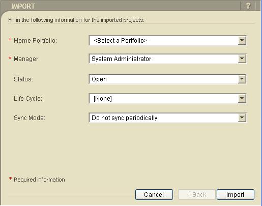 4-8 Primavera Portfolio Management Bridge for MS Project Server 2007 -- Users Guide 9 Assign a portfolio to be the Home Portfolio of the items you are importing.
