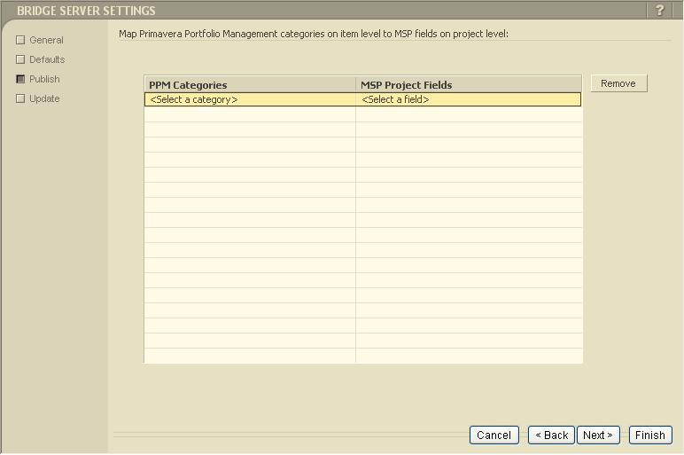 6-10 Primavera Portfolio Management Bridge for MS Project Server 2007 -- Users Guide 2 Double-click in the PPM Categories column to select the PPM category you would like to map to MSP 2007.