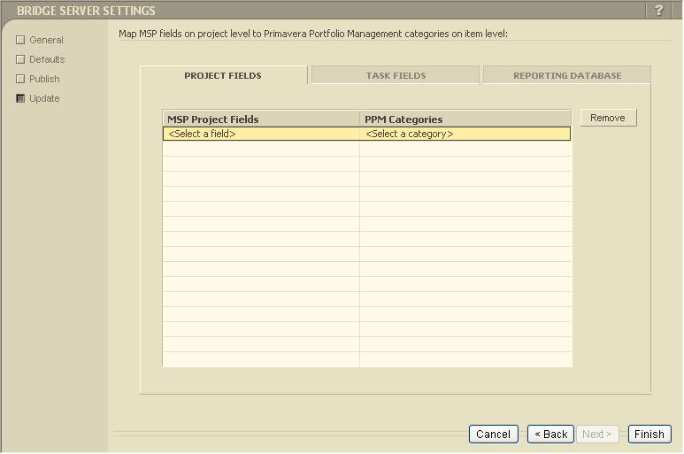 The Project Management Bridge Wizard for MS Project CHAPTER 6 6-11 To map an MSP 2007 project field: 1 In the Project Fields tab, double-click in the MSP Project Fields column to select the MSP