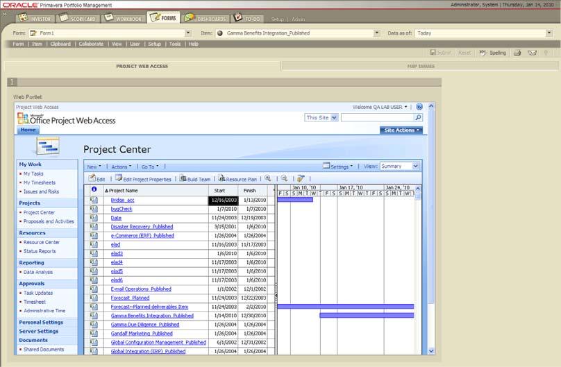 7-4 Primavera Portfolio Management Bridge for MS Project Server 2007 -- Users Guide Web Portlet Web portlets are Form components that can be set up to display Project Management system Web Access