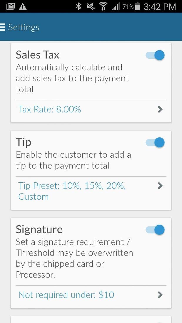Set Amount for Signature Mobile Payment Acceptance lets you set the maximum transaction amount you will accept without a signature.