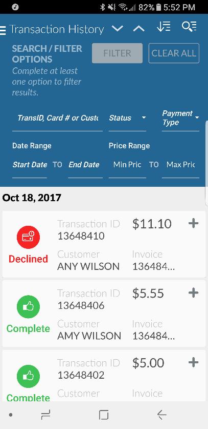 Filter and Search by Transaction ID, Card #, Customer Name, Transaction Status,