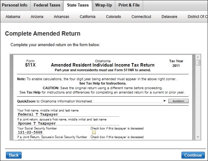 9) Scroll down to the Did you file an amended federal return? question and select No.