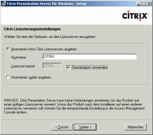 33. Specify the Citrix license server and click