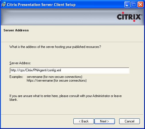 Specify the address of the Citrix Presentation server.