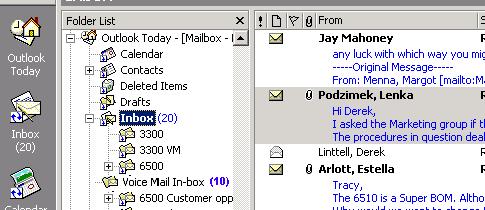 When a user opens the e-mail client (i.e. Outlook XP, Lotus Notes, Groupwise) there will be two inbox folders, one pointing to the e-mail server, the other pointing directly to the 6510 voice mail store.