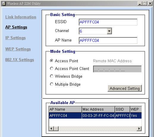 AP Settings This is the page that allows you to change the settings of the Access Point.