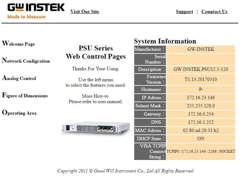 PSU Series User Manual F-41 = CCC IP Address part 3 of 4 F-42 = DDD IP Address part 4 of 4 http:// AAA.BBB.CCC.DDD The web browser interface appears.