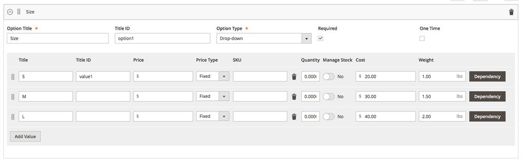 3. Dependent Custom Options Enabling Title Identifier setting allows specifying it in the Product Options configuration.