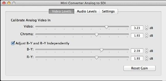 50 Mini Converter Heavy Duty Analog to SDI Blackmagic Converter Utility Settings The Converter Utility software complements your mini switch settings by providing supplementary adjustment options.