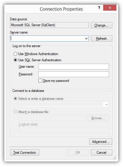 The Connection Properties screen will display. Use this screen to define your SQL Connection string. In the Server name field enter the SQL Server Instance name (example: SQLServerName\SQLExpress).