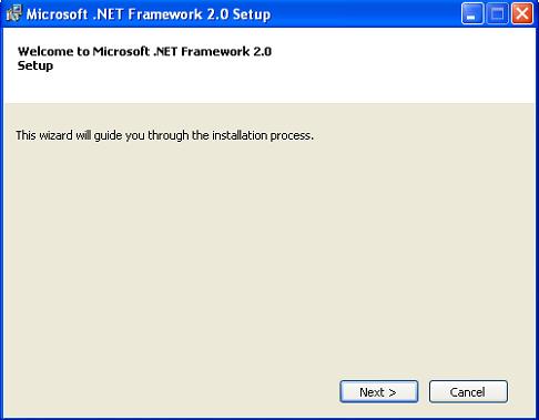 Microsoft.NET Framework 2.0 Installation 1. After clicking on Install Microsoft.NET Framework 2.0, the Net Framework 2.0 installation wizard will be displayed. 2. Click Next to proceed with the installation.