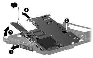 6. Remove the system board (4) from the base enclosure by sliding it back.