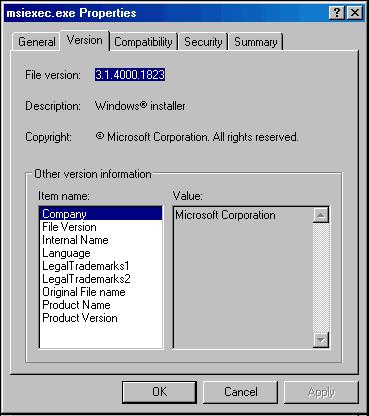 Overview Figure 4.1 Windows Installer - Properties / Version dialog (In Figure 4.1, the installed Windows Installer is identified as version 3.1.4000.1823.