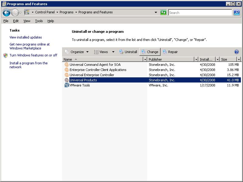 Stonebranch Solutions for Windows Installation Windows Vista, Windows 7, Windows Server 2008 / 2008 R2 The Programs and Features dialog (Figure 4.8) replaces the Add or Remove Programs dialog.
