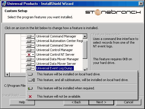 Stonebranch Solutions for Windows Installation Figure 4.11 Stonebranch Solutions - Custom Setup / Modifying an Installed Component Currently installed components are identified by a drive icon.