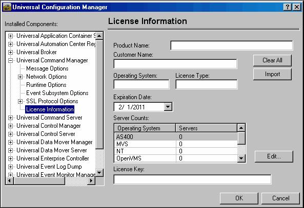 Stonebranch Solutions for Windows Licensing 4.5.2 Licensing via Universal Configuration Manager To enter license information via the Universal Configuration Manager, perform the following steps: 1.