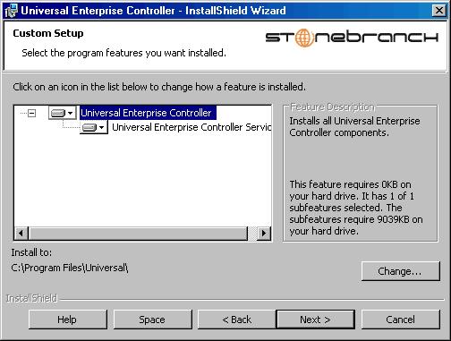 Universal Enterprise Controller Installation Figure 4.20 Universal Enterprise Controller - Custom Setup dialog For a new installation, a drive icon that the component will be installed.