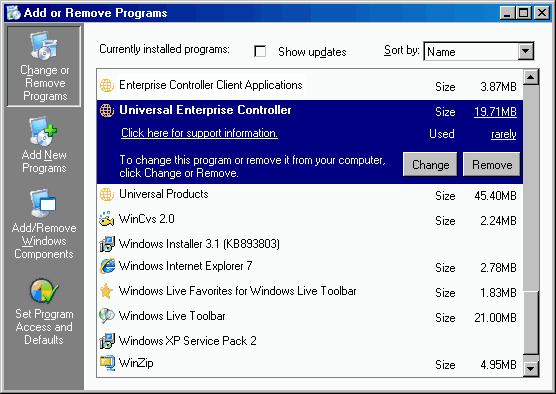 Universal Enterprise Controller Installation Figure 4.23 Universal Enterprise Controller - Add or Remove Programs dialog 2. From the list of installed programs, select Universal Enterprise Controller.