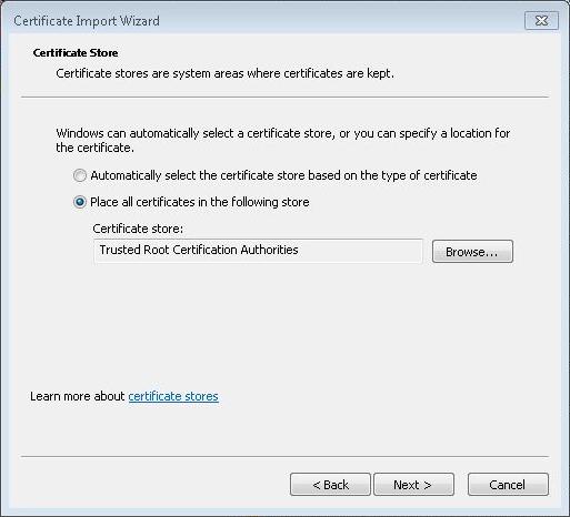 The File to Import dialog box displays the File name field populated with the path of the certificate file. 12. Click Next.