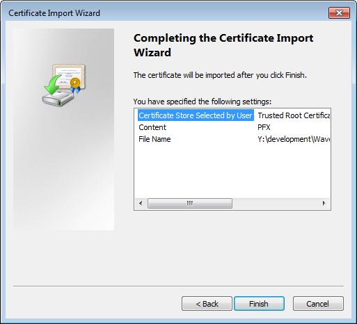 14. Click Next. The Completing the Certificate Import Wizard dialog box is displayed. 15. Click Finish. A Security Warning dialog box is displayed. 16. Click Yes to install the certificate.