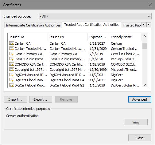 4. Click Certificates and then click the Trusted Root Certification Authorities tab. 5. Click Import. The Welcome to the Certificate Import Wizard dialog box is displayed. 6. Click Next.
