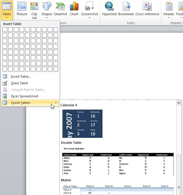 Basic tables are added by clicking Table and then dragging the mouse over a certain number of squares to create a table of that size.