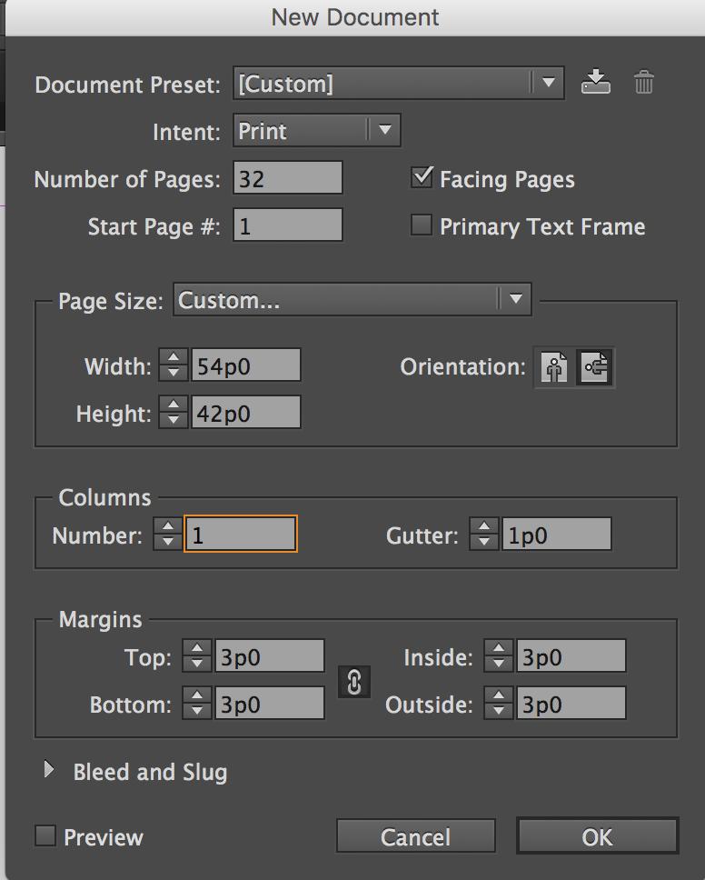 Since your book will be including photographs, you may want to consider doing the book in landscape (9 x 7 inches). Once you decide on a size, open up InDesign and select New Document.