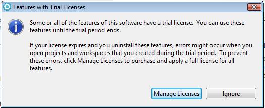 The Features with Trial Licenses dialog will open. 21. Click Ignore. 22. If prompted about help content select Work without Help. 23.