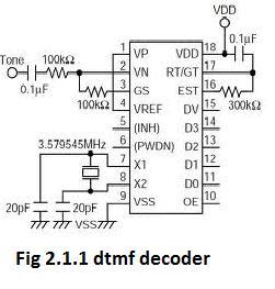 2.1 DTMF DECODER MT8870: This circuit detects the dial tone from a telephone line and decodes the keypad pressed on the remote telephone.