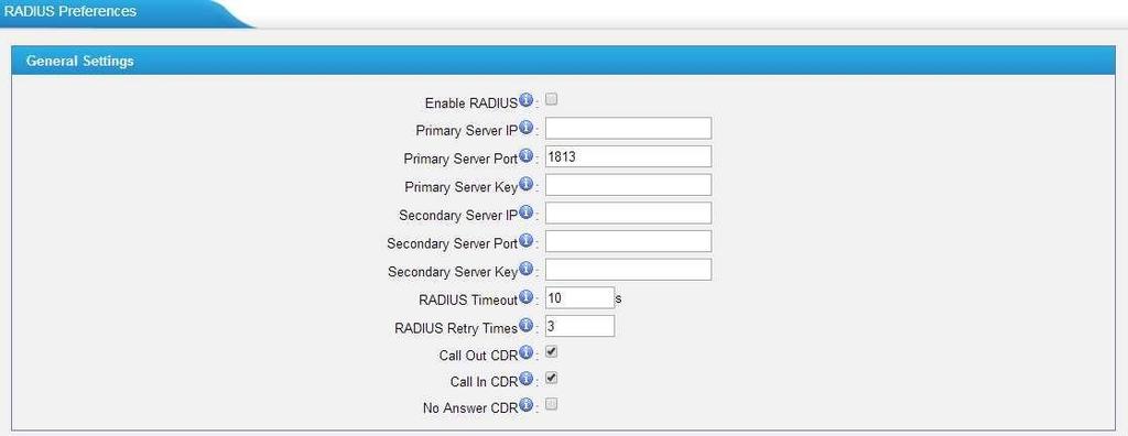 Figure 8-4 RADIUS Settings Items Enable RADIUS Primary Server IP Primary Server Port Primary Server Key Secondry Server IP Secondry Server Port Secondry Server Key RADIUS Timeout RADIUS Retry Times