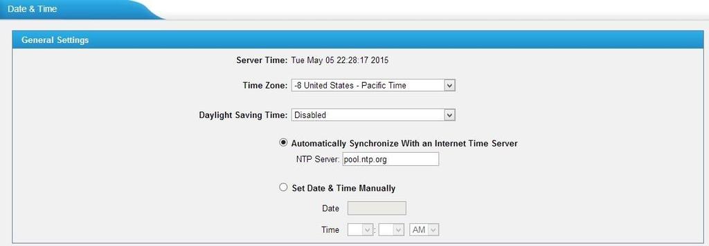 Figure 11-2 Date and Time Time Zone Select your current and correct time zone on S3200-FXS Gateway. Daylight Saving Time The option is disabled by default. Enable it when necessary.