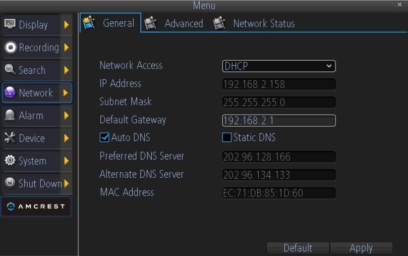 7 NETWORK SETTINGS 7.1. Configuring General Settings 1. Network Access: Here you can choose between the three different types of networks that the DVR can be connected to.