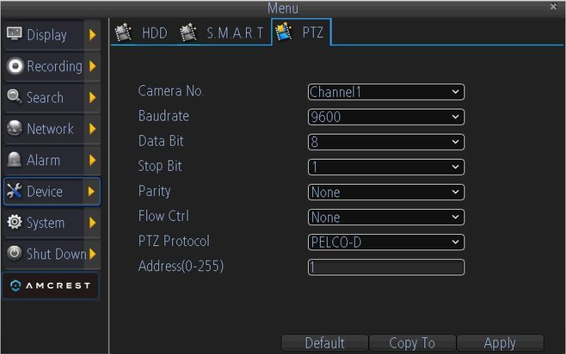 To view SMART information of a HDD: 1. Select one HDD. 2. You can see the detail S.M.A.R.T information of the HDD. 9.2. Configuring PTZ Settings Settings for a PTZ camera must be configured before it can be used.