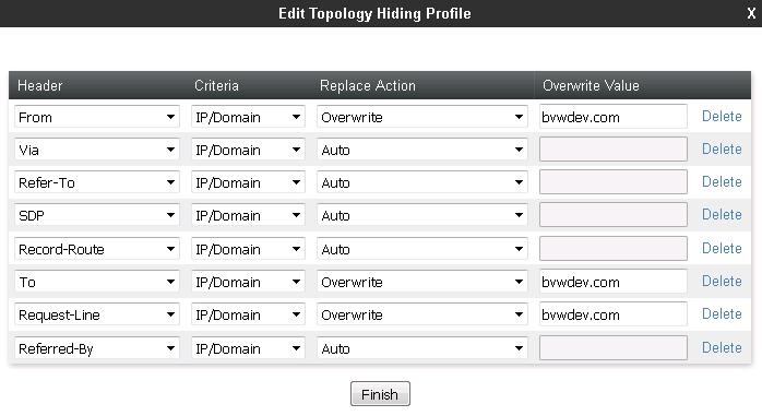 For the To, From and the Request-Line headers, select Overwrite in the Replace Action column and enter the enterprise SIP domain bvwdev.