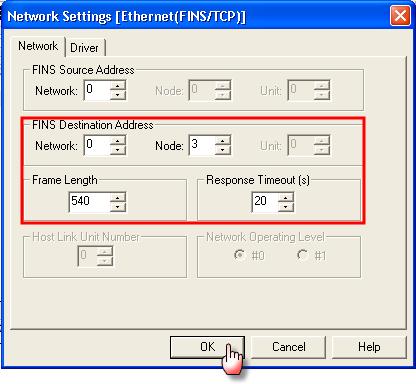 5. PLC software mapping configuration Set the Destination Node to 3 (matching Hostlink Unit is 2). Set the Destination Network to 0 (same as FINS Serial Network).
