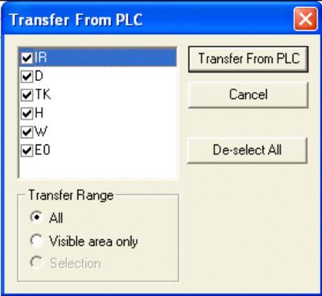 (6) Transfer the PLC memory data (Data Memory). (Select Edit - Memory from the PLC Menu.) Scroll and select all the areas.