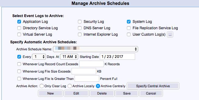 Configure the Event Log archiving schedules in the following screen: Click on New to configure a new archiving schedule. To edit an existing schedule, find it in the drop down list and click Edit.