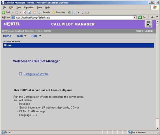 Running the Configuration Wizard 107 6 Type the default password and the new password, and then click Save Result: The main CallPilot Manager screen appears CallPilot Manager 7 Click the
