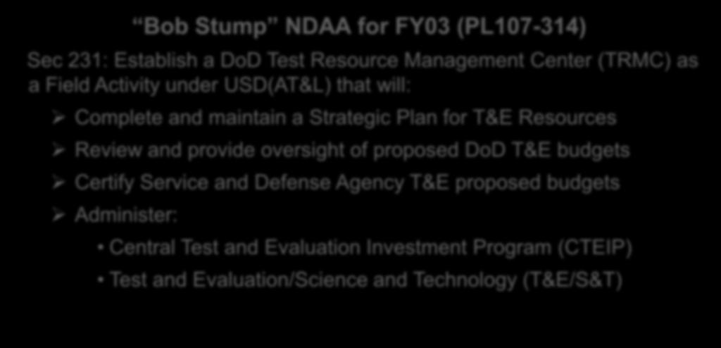 These identified concerns and needs resulted in the 2002 legislation: Bob Stump NDAA for FY03 (PL107-314) Sec 231: Establish a DoD Test Resource Management Center (TRMC) as a Field Activity under