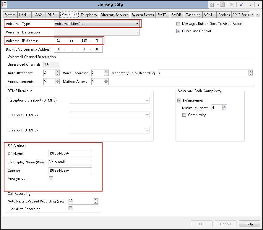 5.2.2. System - Voicemail Tab In the Voicemail tab of the Details Pane, configure the SIP Settings section. The SIP Name and Contact are set to one of the DID numbers provided by IDT.