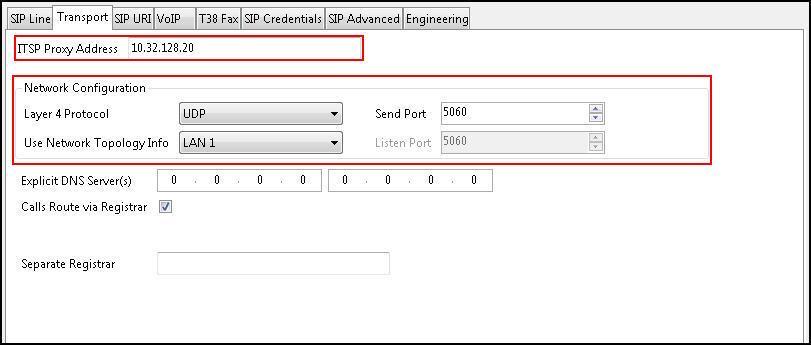 5.4.3. SIP Line Transport Tab Navigate to the Transport tab and set the following: Set the ITSP Proxy Address to the IP address of the internal signaling interface of the Avaya SBCE.