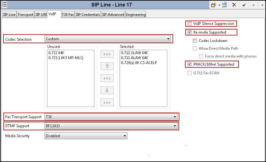 5.4.5. SIP Line VoIP Tab Select the VoIP tab. Set the parameters as shown below. Select Custom for Codec Selection. Choose G.711 ULAW 64K, G.711ALAW 64K and G.