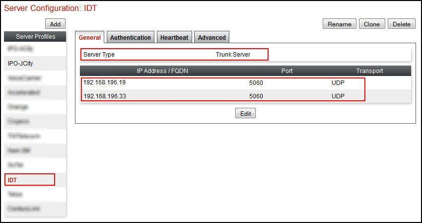 6.6.2. Server Configuration IDT For the compliance test, server configuration profile IDT was created for IDT.