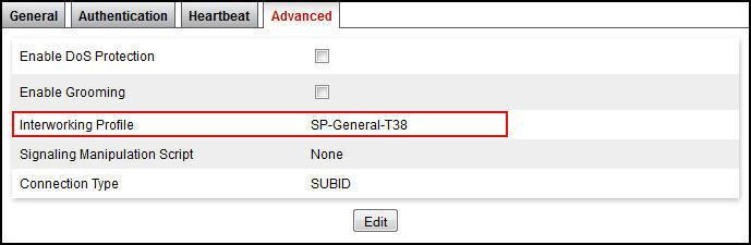 In the Advanced tab, select the Interworking Profile for IDT defined in Section 6.5.2. 6.7.