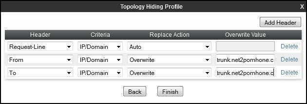 Click the Add Header button in the Topology Hiding Profile window to add entries for various headers.