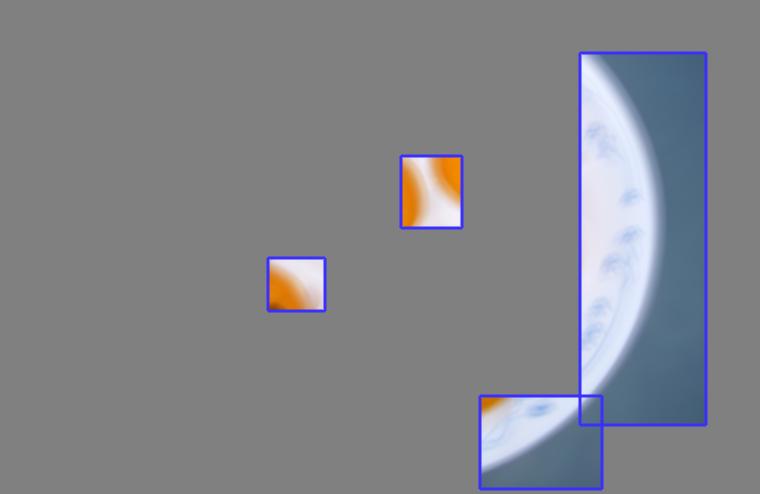 is our input image where the blue rectangles highlight some selected patches to compute the alpha values. In each patch, there are adjacent regions with simple boundary shape.